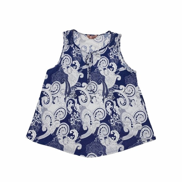 SJS Tops - Sjs Blue & White Paisley Keyhole Sleeveless Blouse